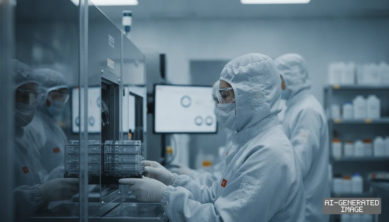 Technicians in cleanroom suits operate equipment inside an advanced semiconductor process laboratory in Taiwan.