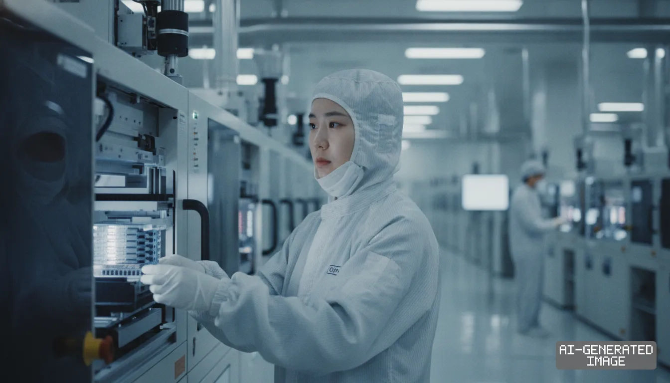 A worker wearing protective cleanroom gear operates machinery inside a semiconductor fabrication facility.