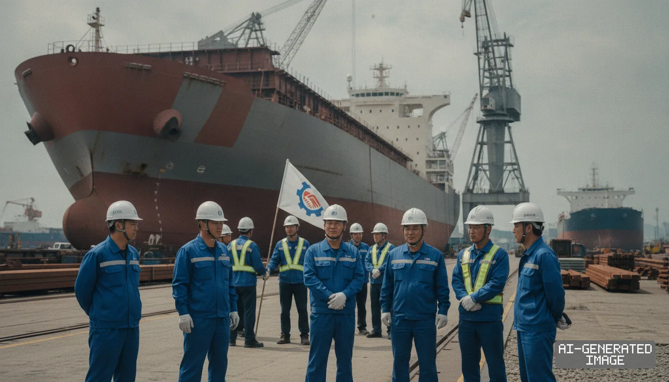 Shipyard workers in hard hats gather with a labor union flag near large vessels at a shipbuilding complex in Ulsan, South Korea.
