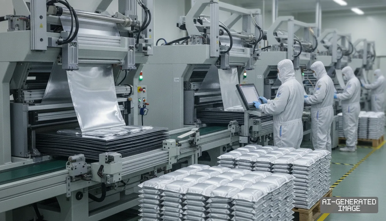 Factory workers in cleanroom suits operate automated machinery along a production line for pouch battery cells.