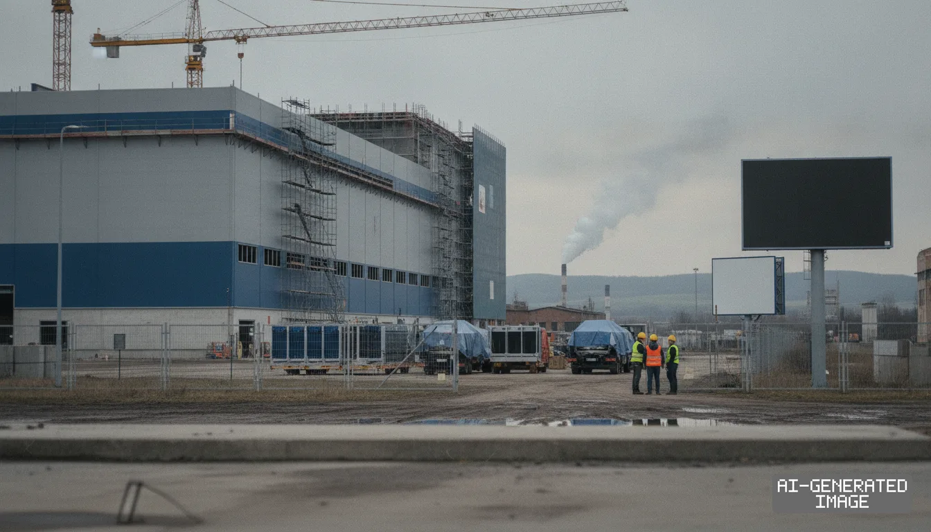 Workers in hard hats stand outside a battery manufacturing facility under construction at an industrial site in Hungary. (AI-generated image)
