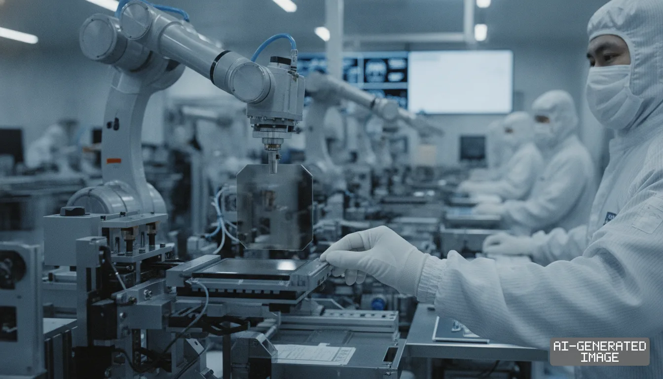 Technicians in cleanroom suits operate equipment alongside robotic arms on an automated manufacturing assembly line.