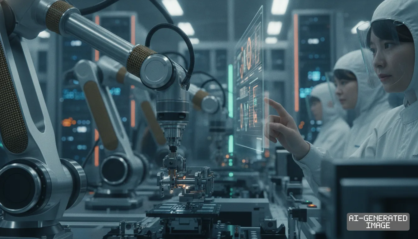 Technicians in cleanroom gear monitor robotic arms assembling electronics beside a transparent digital display in a modern facility.