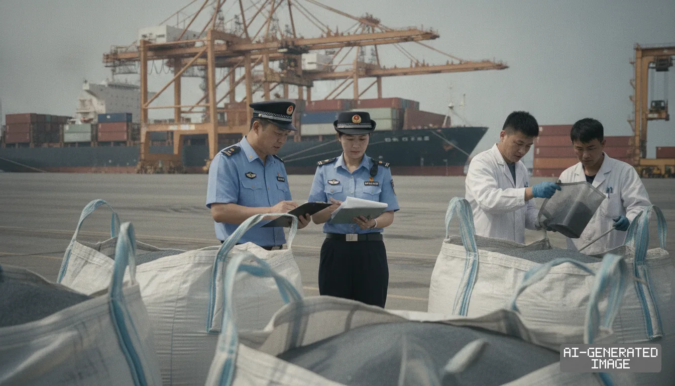 Customs officers review paperwork as technicians inspect bulk bags of graphite cargo at a container port.