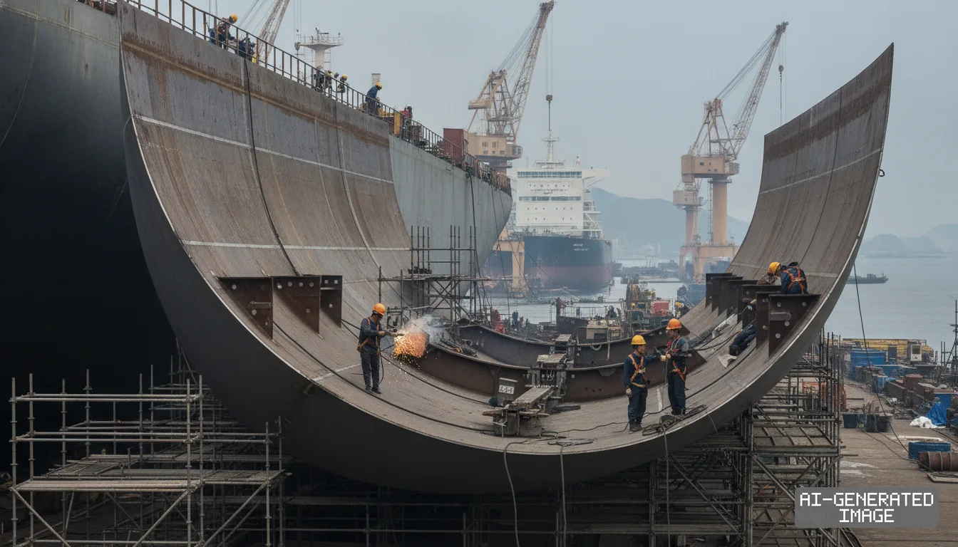 Shipyard workers weld and assemble large steel hull sections surrounded by scaffolding and cranes.