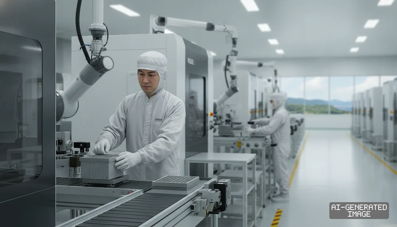 Workers in cleanroom suits handle semiconductor components along an automated production line inside a modern manufacturing facility.