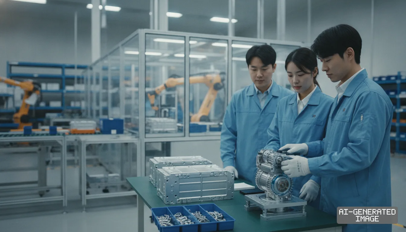 Engineers in blue coats inspect a precision robotic component on a workbench inside an industrial manufacturing plant.