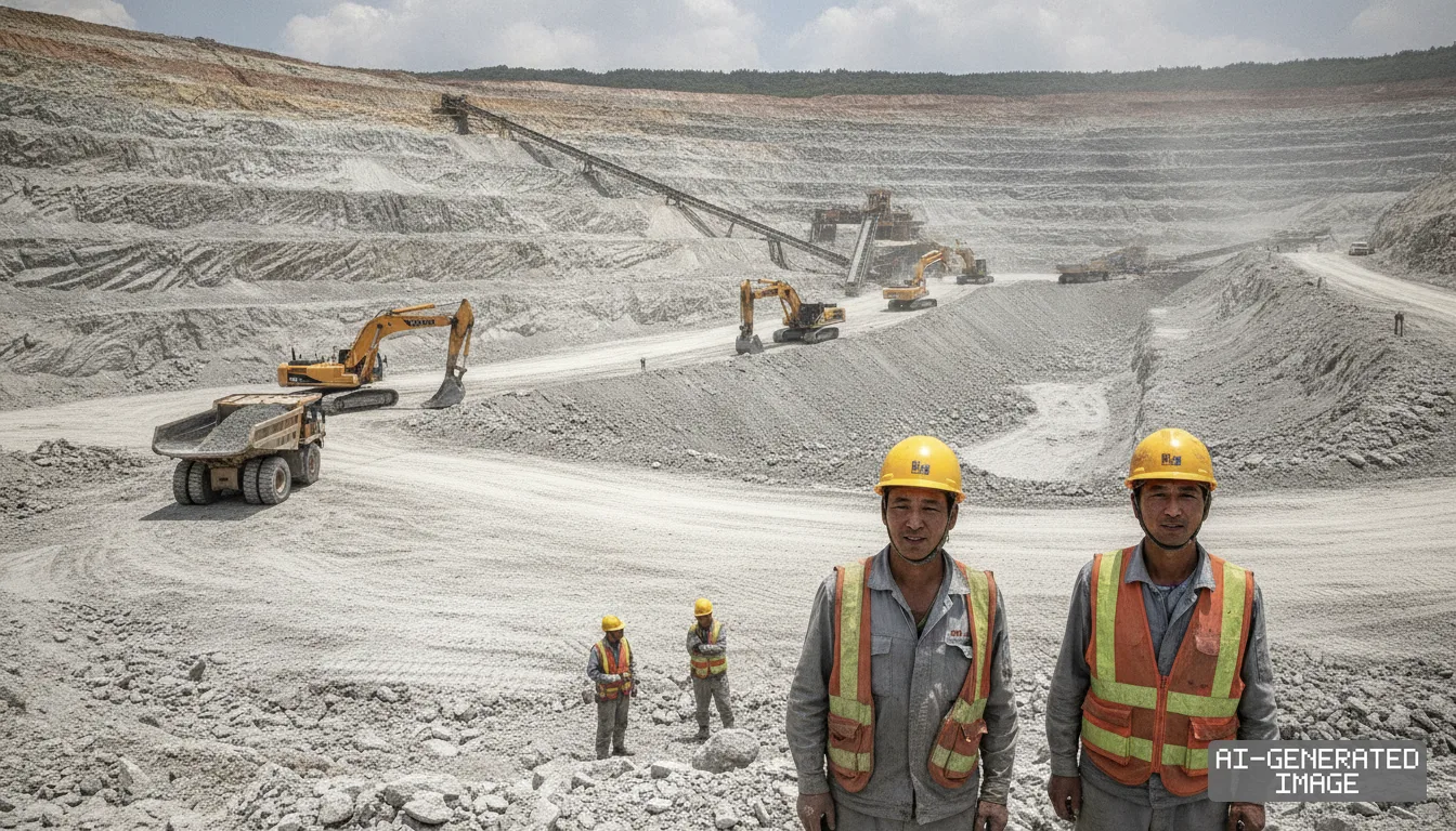 Workers in hard hats and safety vests stand before excavators and dump trucks operating in a vast open-pit mine.