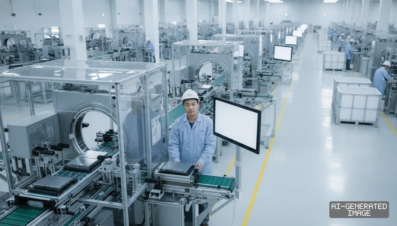 A technician stands beside an automated inspection system and conveyor line inside a battery manufacturing plant.