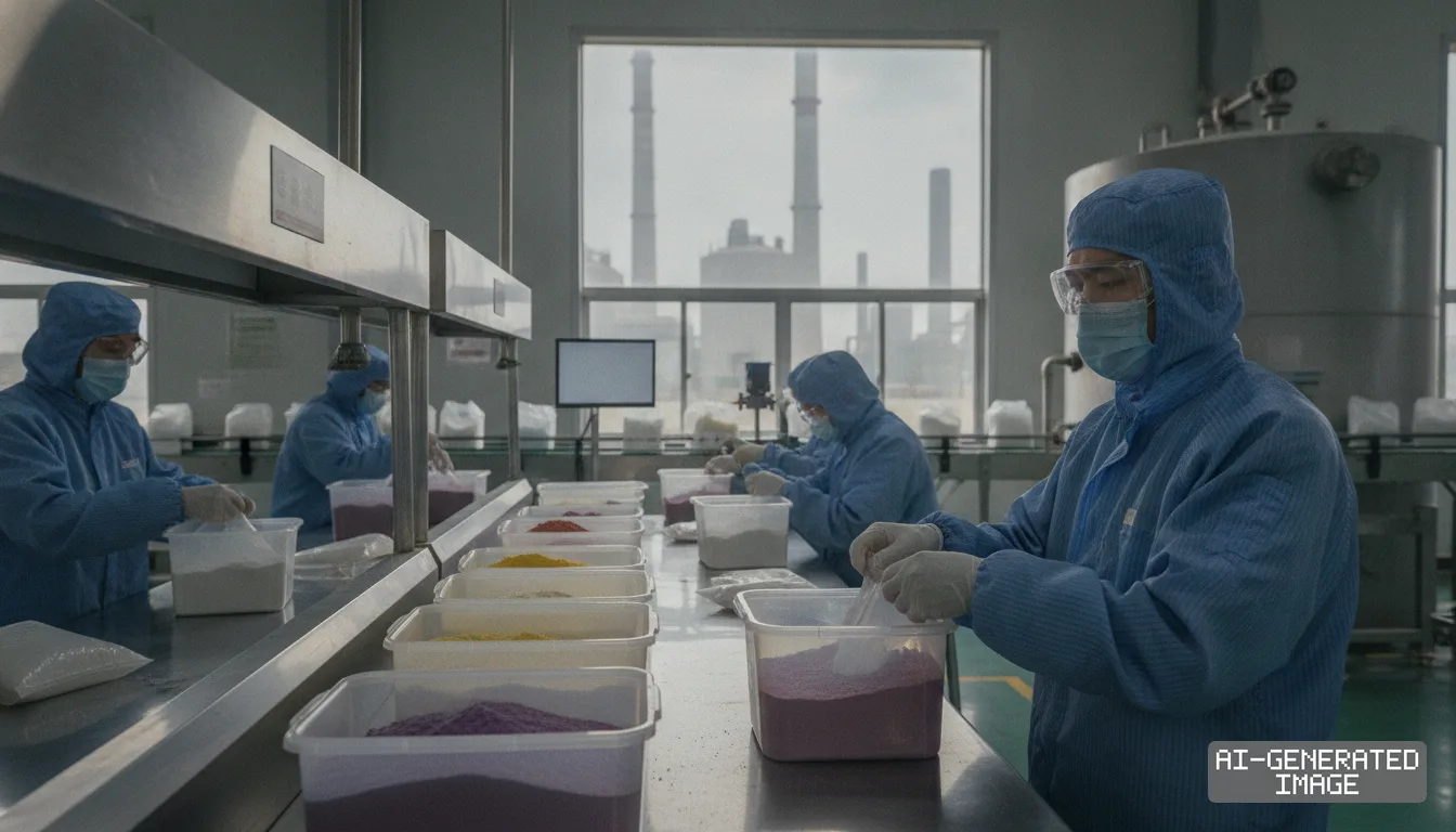 Workers in protective gear handle containers of colorful powders inside a Chinese rare earth processing facility. (AI-generated image)