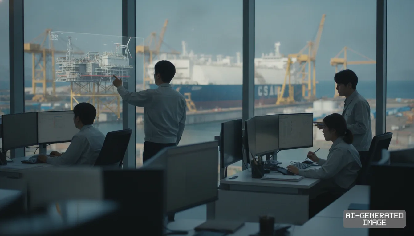 Engineers review offshore plant designs and computer monitors inside an office overlooking a shipyard. (AI-generated image)