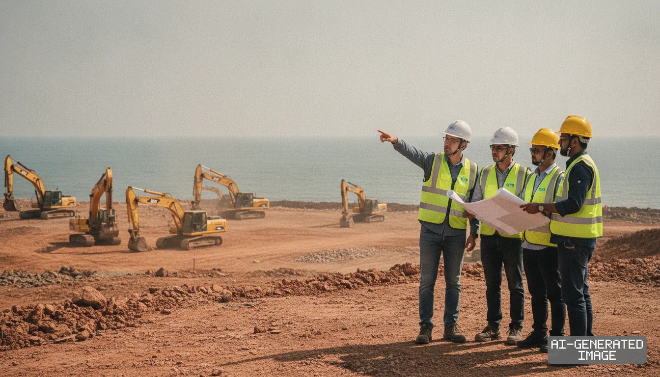 Engineers review plans and survey a coastal construction site with excavators for a proposed shipyard project in Thoothukudi. (AI-generated image)