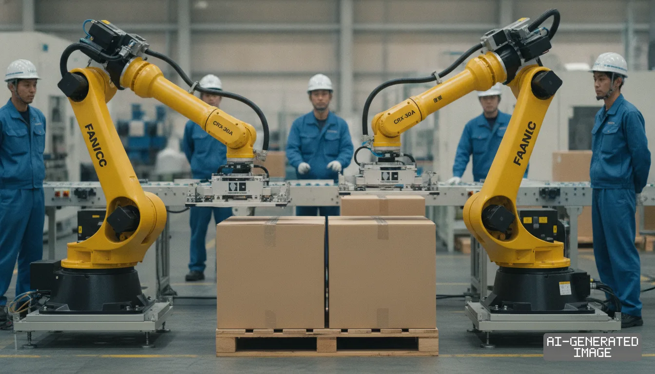 Two robotic arms stack cardboard boxes onto a wooden pallet as factory workers in uniforms watch the packaging line. (AI-generated image)