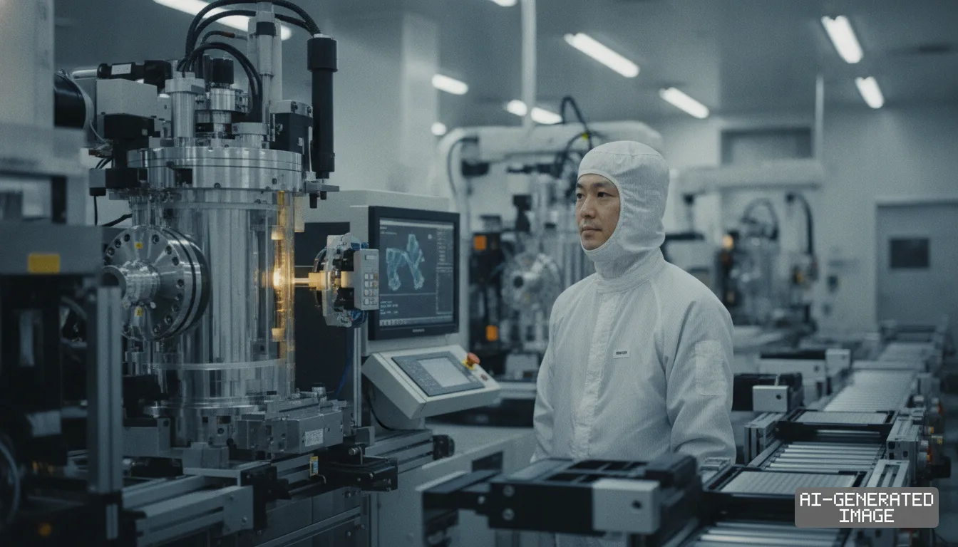 A worker in protective cleanroom attire stands beside machinery along a semiconductor production line. (AI-generated image)