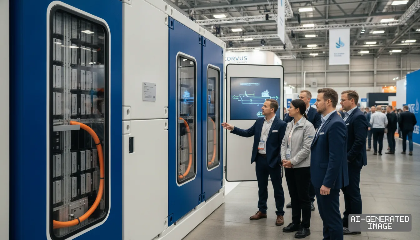 Attendees gather to inspect a containerized marine battery system on display at a maritime trade fair. (AI-generated image)