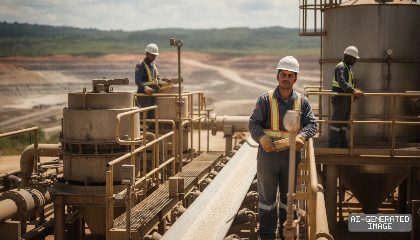 Workers in hard hats stand beside mineral processing equipment and a conveyor belt overlooking an open-pit mine in Brazil. (AI-generated image)