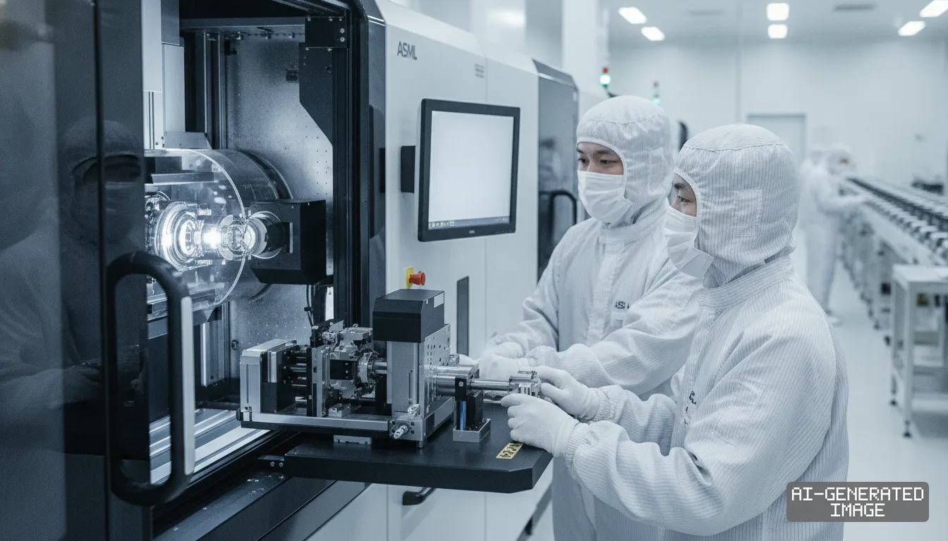 Two engineers in protective cleanroom suits work on an ASML semiconductor manufacturing machine inside a cleanroom. (AI-generated image)