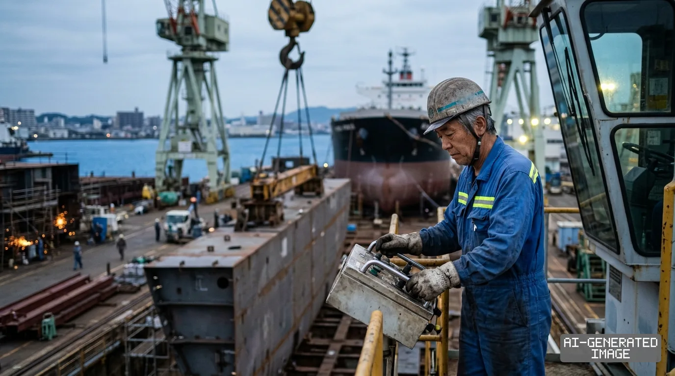 A worker operates equipment controls at a Japanese shipyard, where cranes move steel hull sections for commercial vessel construction. (AI-generated image)