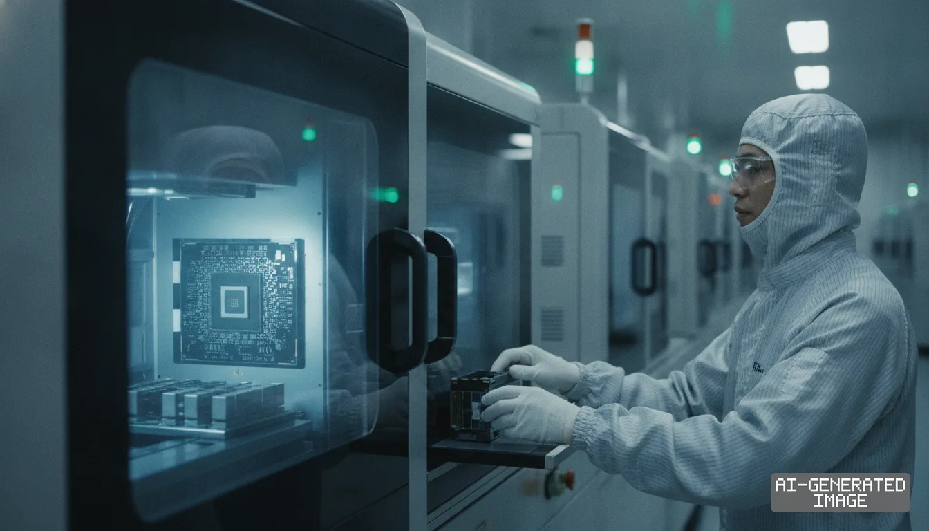 A technician in cleanroom attire handles components beside a semiconductor packaging tool containing an advanced chip substrate. (AI-generated image)