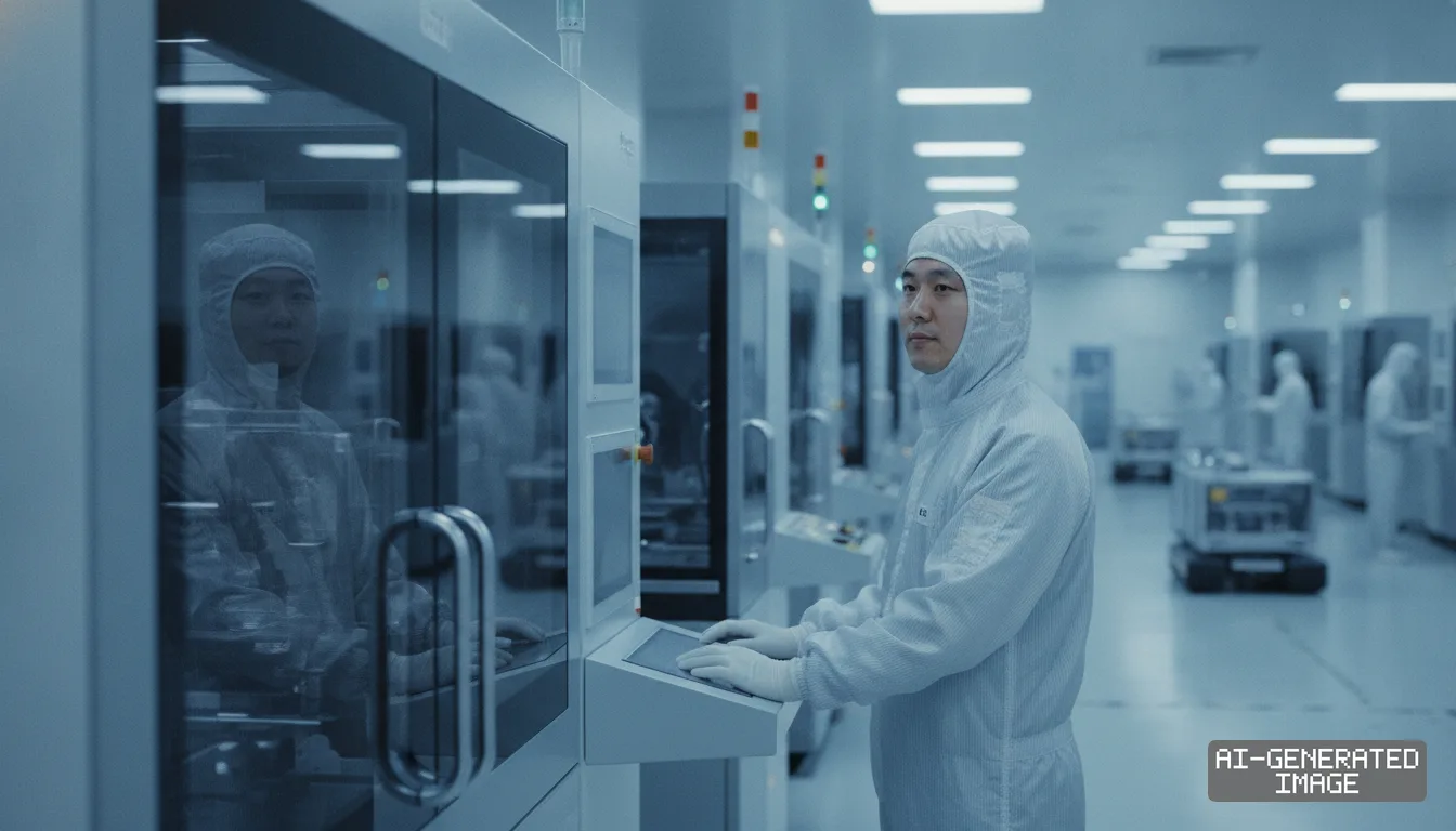 A technician in a protective cleanroom suit operates equipment at a South Korean semiconductor manufacturing facility. (AI-generated image)