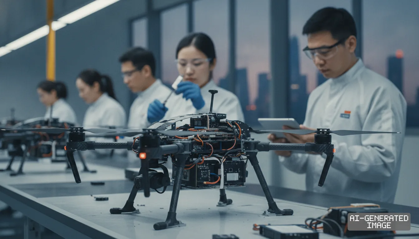 Technicians assemble and inspect commercial drones along a production workbench inside a manufacturing facility. (AI-generated image)