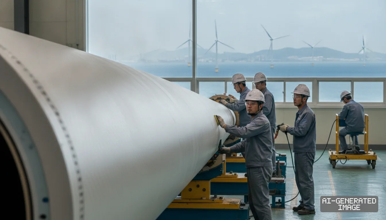 Workers manufacture a wind turbine component inside a facility overlooking offshore wind turbines. (AI-generated image)