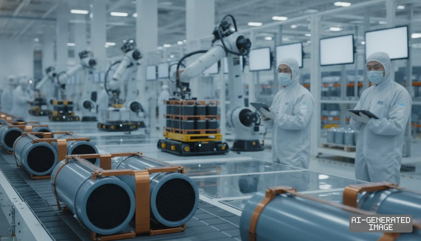 Technicians in protective suits monitor robotic arms along an automated battery manufacturing line inside a CATL facility. (AI-generated image)