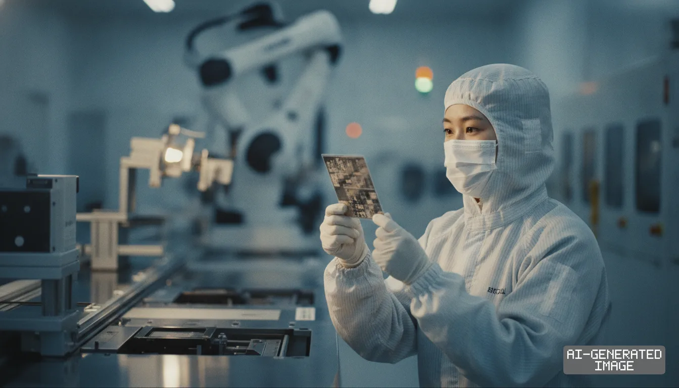 A technician in protective gear inspects a semiconductor component inside a fabrication facility as South Korea discusses chip trade terms. (AI-generated image)