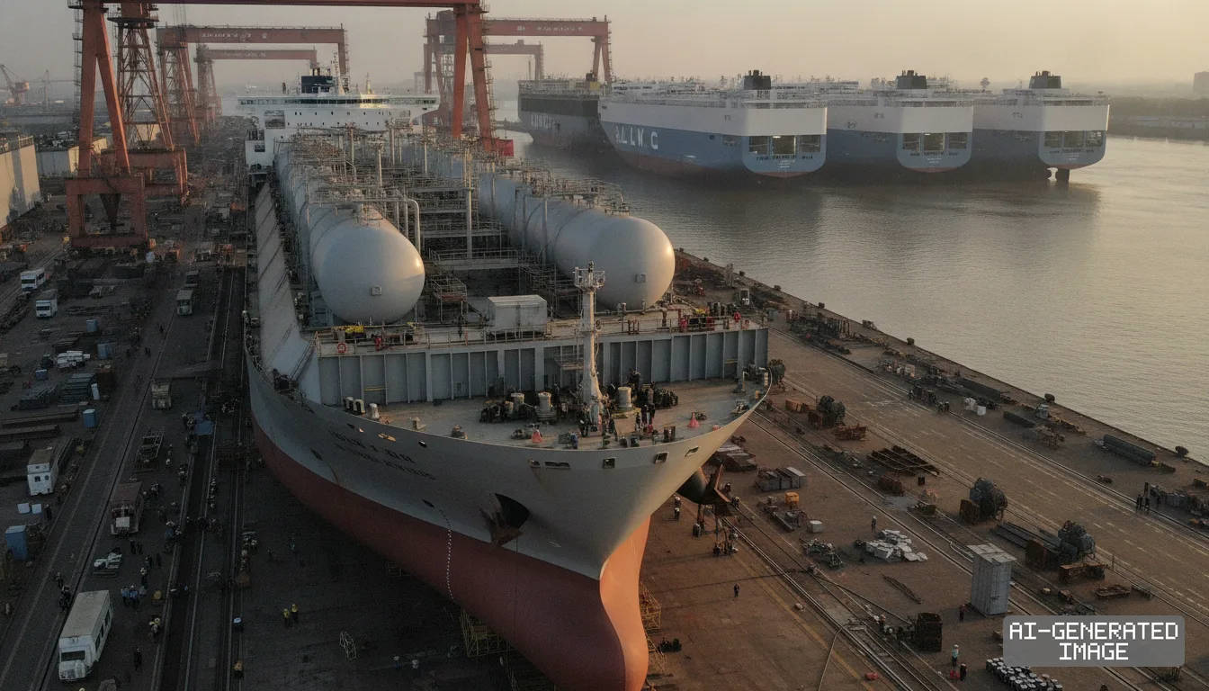 A car carrier sits under construction in a dry dock while other large vessels remain moored in the water. (AI-generated image)