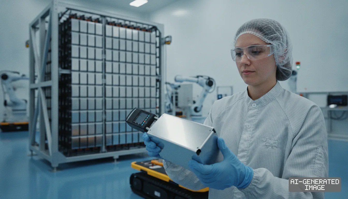 A technician inspects a prismatic battery cell inside a manufacturing facility producing components for energy storage systems. (AI-generated image)