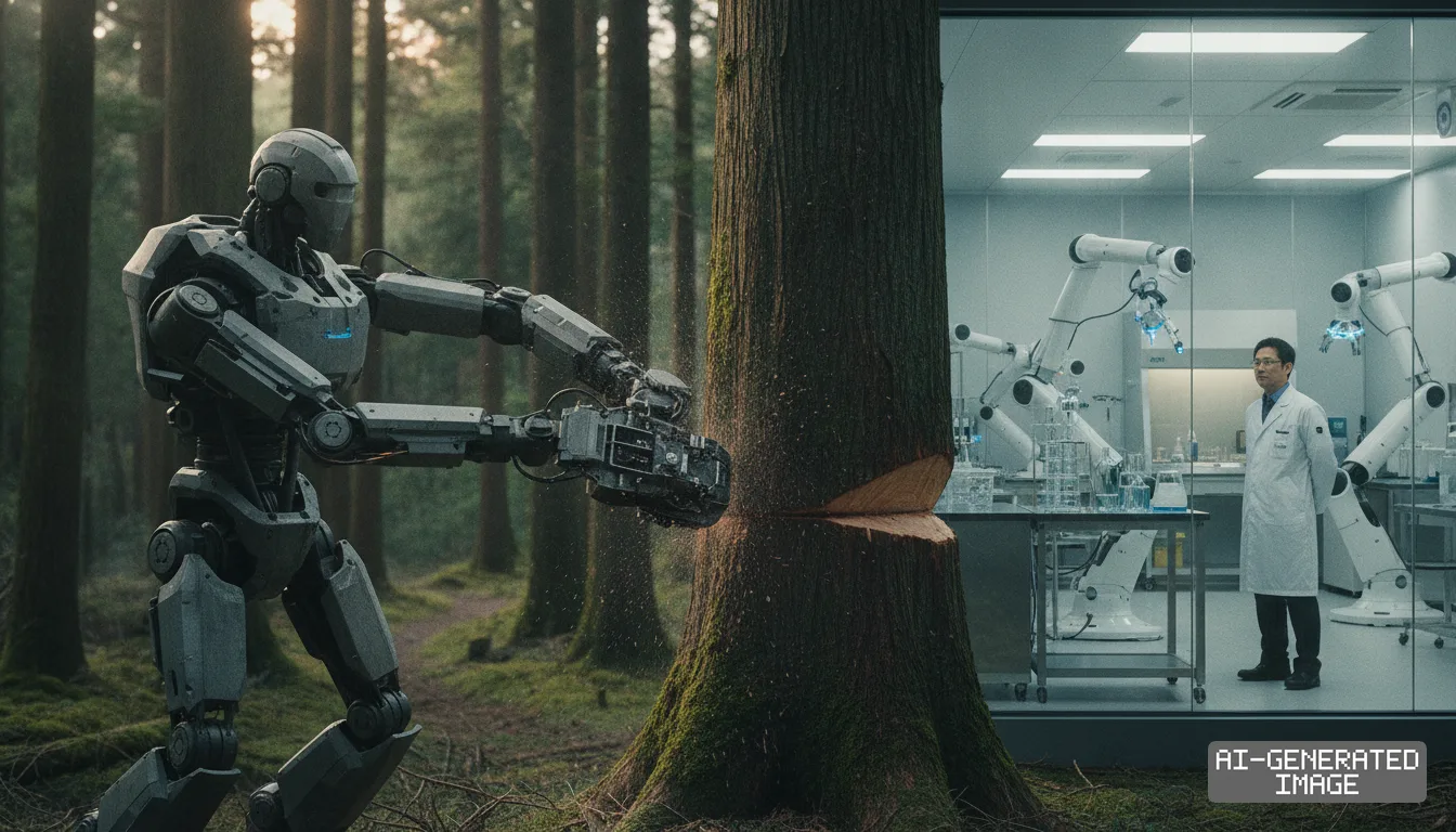 A humanoid robot cuts a tree in a forest while automated robotic arms assist a researcher in a pharmaceutical laboratory. (AI-generated image)
