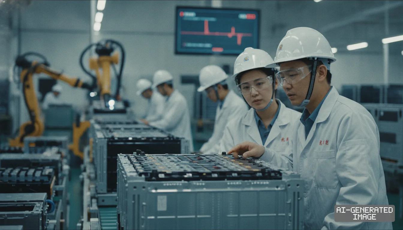Workers inspect electric vehicle battery packs on an automated production line at a battery manufacturing plant in China. (AI-generated image)