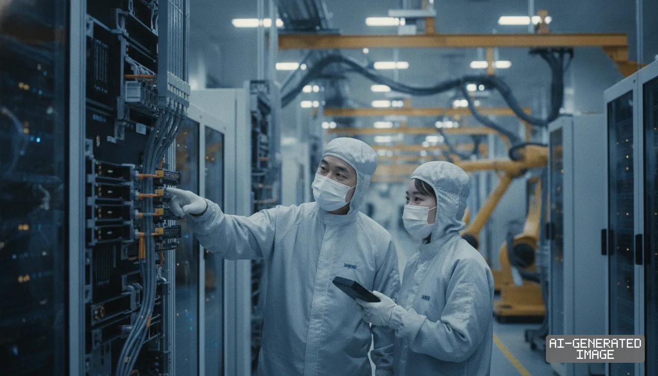 Two workers in protective cleanroom suits inspect an equipment rack inside a semiconductor manufacturing facility. (AI-generated image)