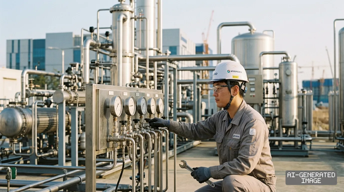 A technician holding a wrench adjusts valves on a pressure gauge panel outside an industrial gas production facility. (AI-generated image)
