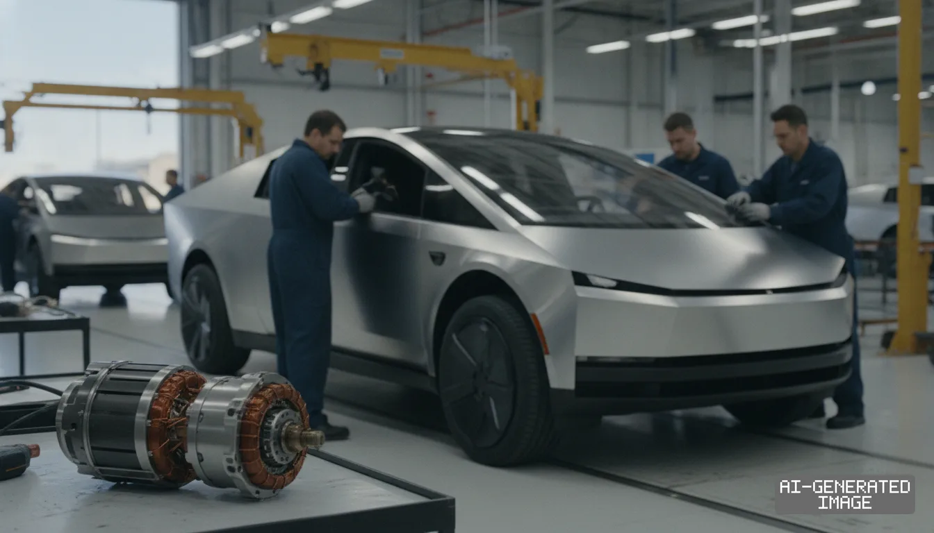 Technicians assemble a silver Cybercab on a factory line, with an electric motor sitting on a workbench in the foreground. (AI-generated image)