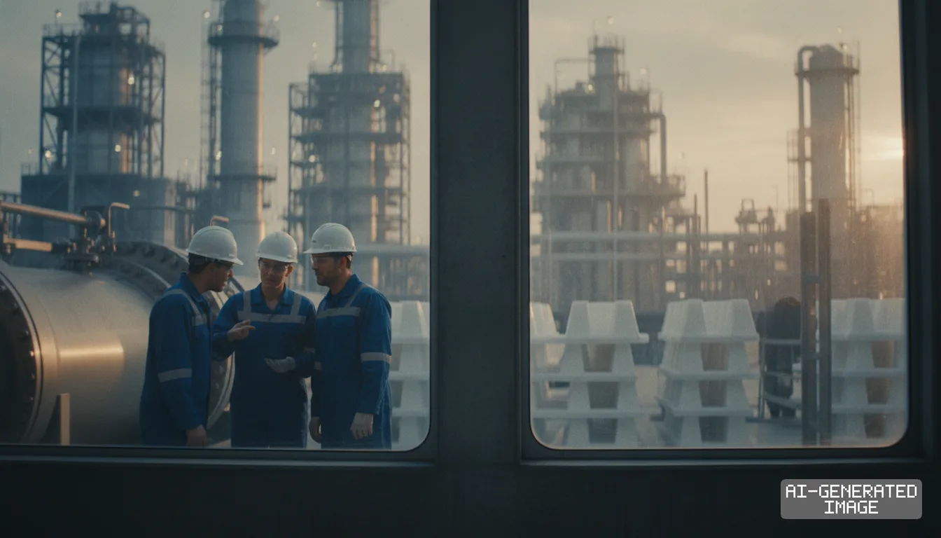 Workers wearing hard hats and protective uniforms converse outside an industrial facility that produces hyperpure polysilicon. (AI-generated image)