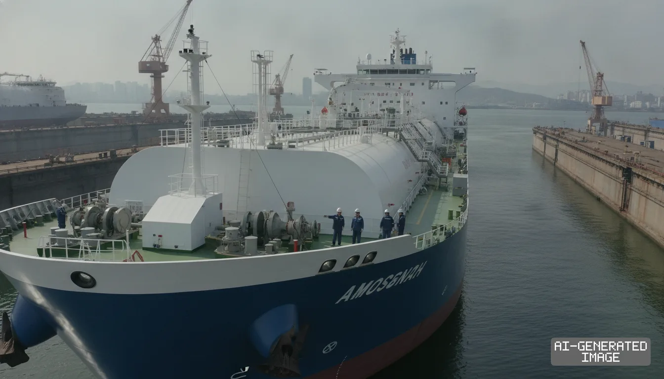 Personnel in hard hats stand on the deck of a gas carrier at HD Hyundai's shipyard in Ulsan, South Korea. (AI-generated image)