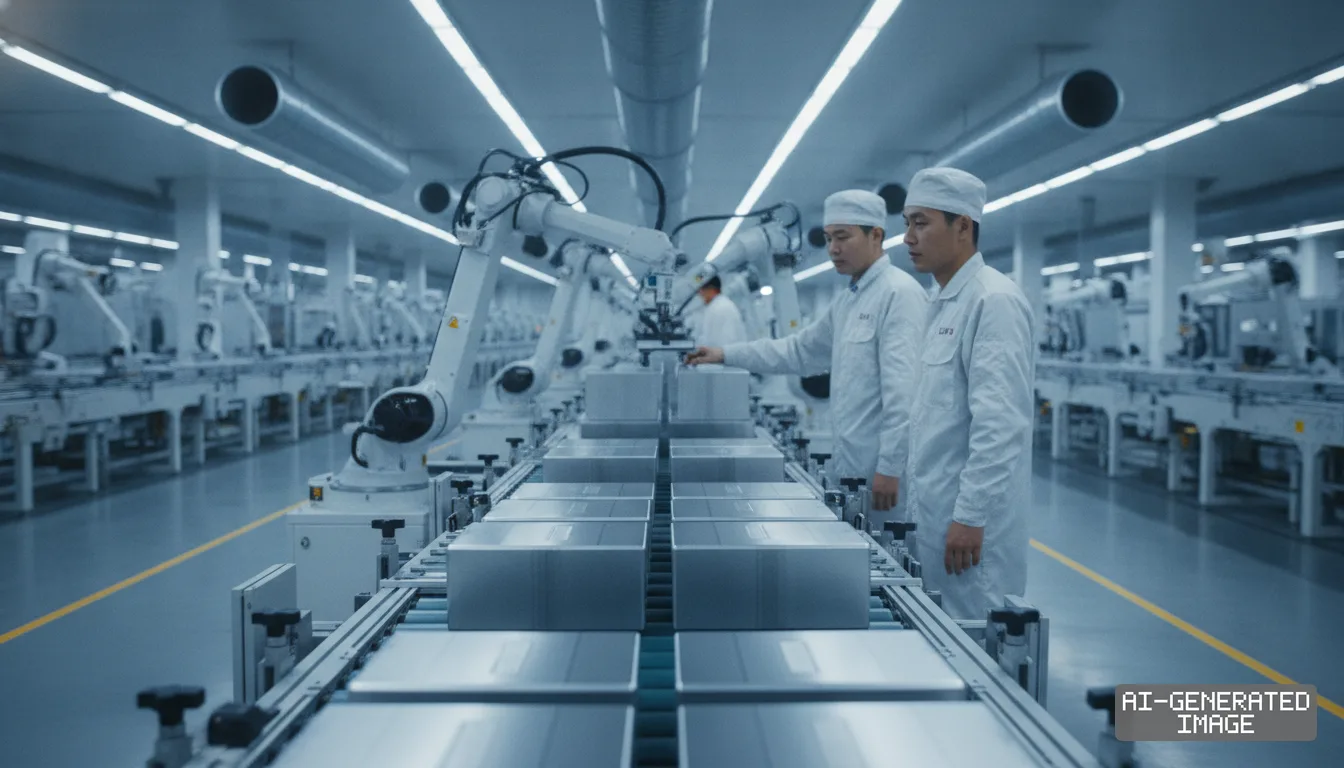 Technicians supervise an automated assembly line as robotic arms process metallic battery cells in a modern manufacturing facility. (AI-generated image)