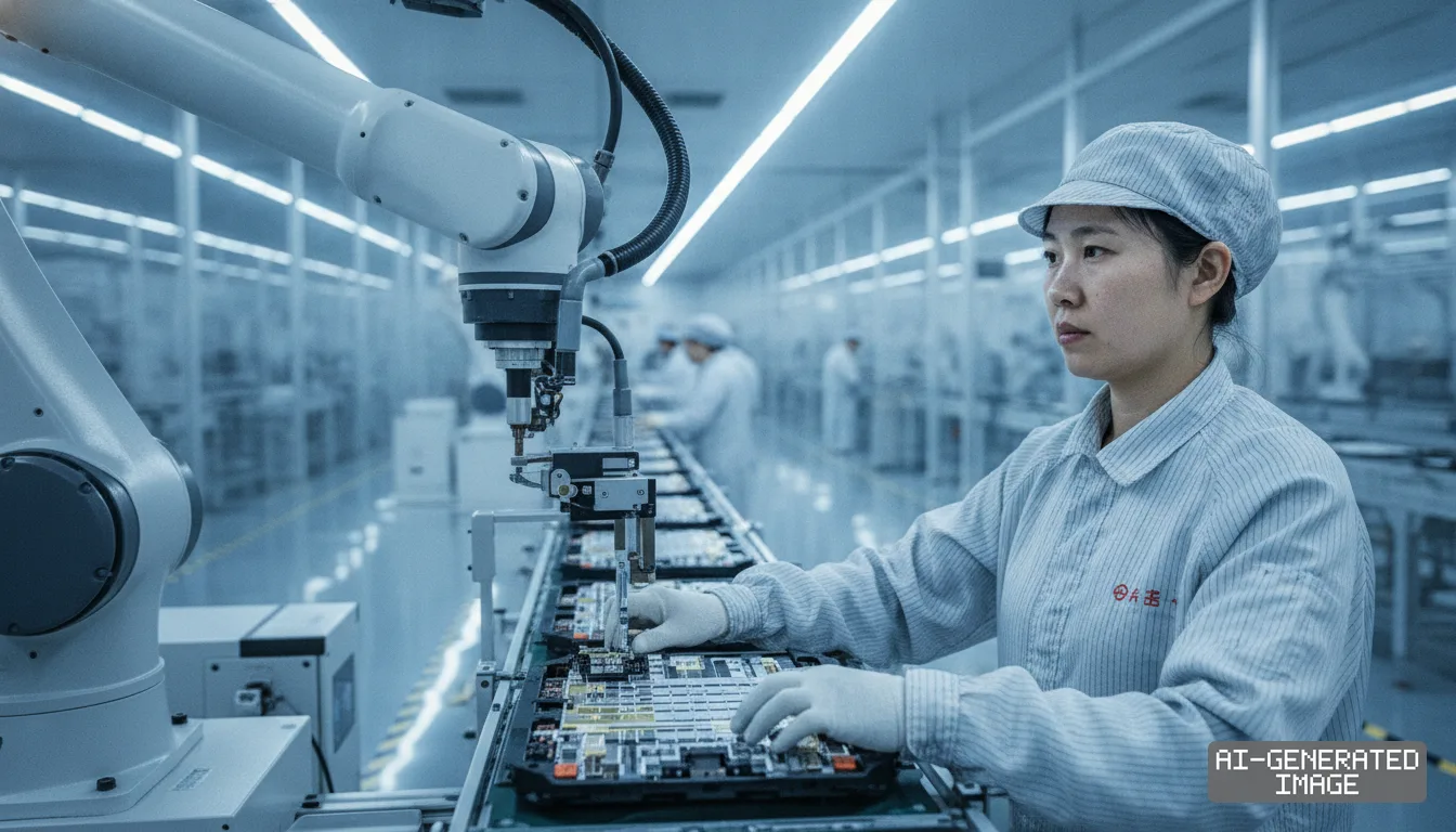 A worker inspects electronic parts alongside a robotic arm in a Chinese factory, reflecting the nation's advanced industrial sector. (AI-generated image)