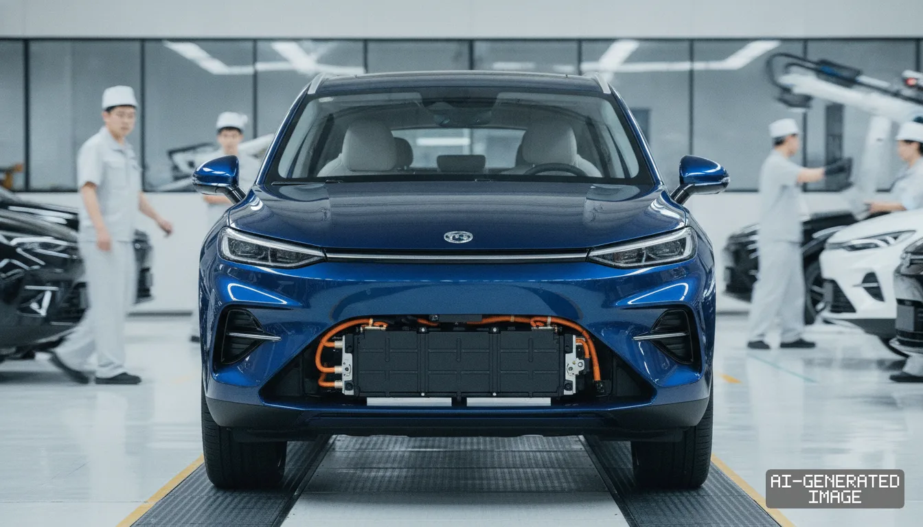 A blue electric SUV with an exposed front battery pack rests on an assembly line as workers in white uniforms stand in the background. (AI-generated image)