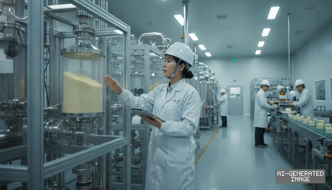 A worker in a lab coat and hard hat holds a tablet while inspecting powdered material inside a processing cylinder at a manufacturing plant. (AI-generated image)