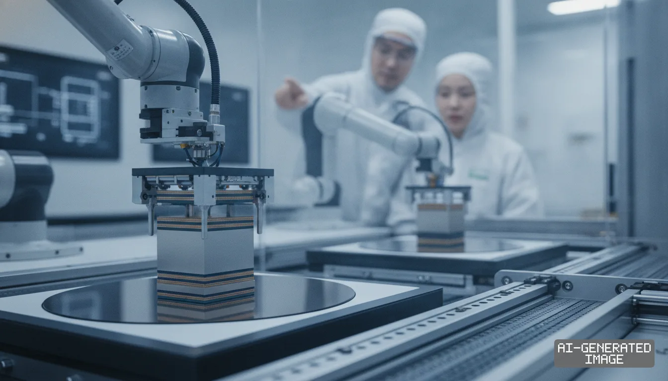 Robotic arms handle stacked memory components in a semiconductor cleanroom as technicians monitor the line. (AI-generated image)