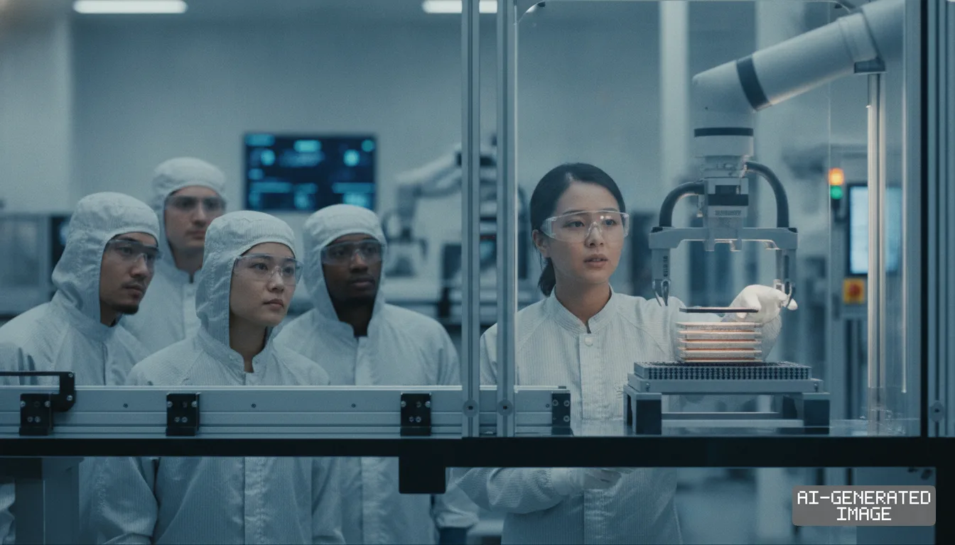 Technicians in cleanroom suits observe a robotic arm handling semiconductor components inside an advanced packaging facility. (AI-generated image)
