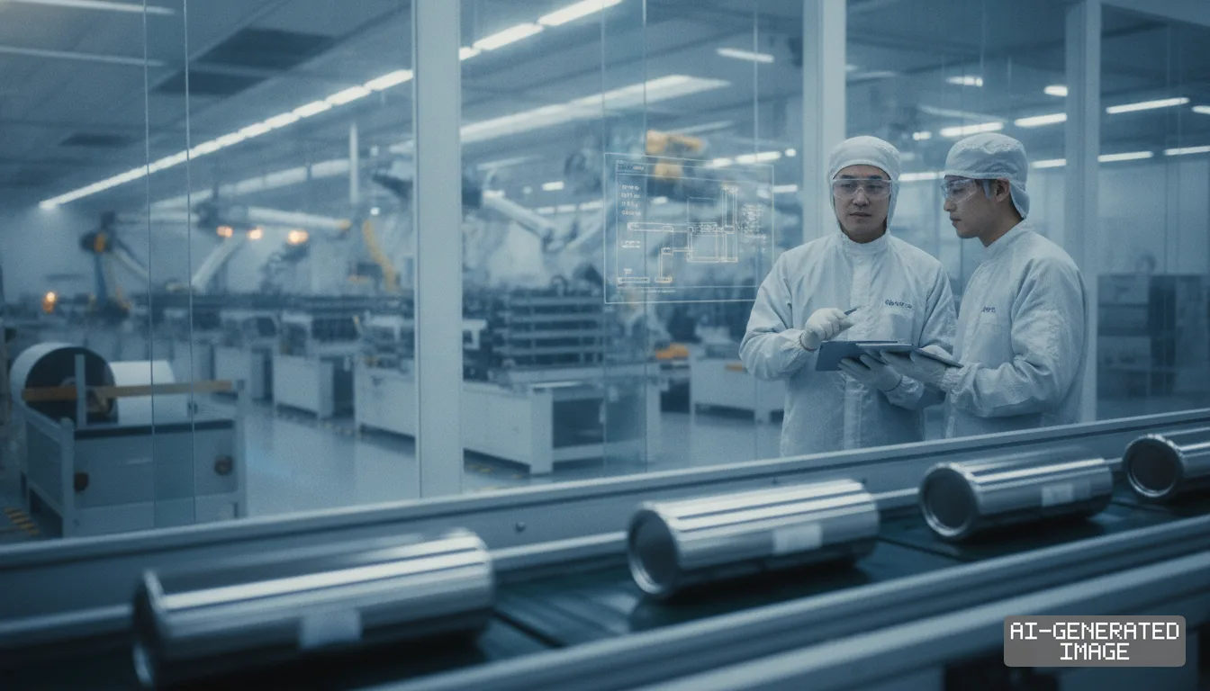 Workers in cleanroom suits consult a tablet beside a conveyor carrying cylindrical battery cells inside an automated manufacturing plant. (AI-generated image)