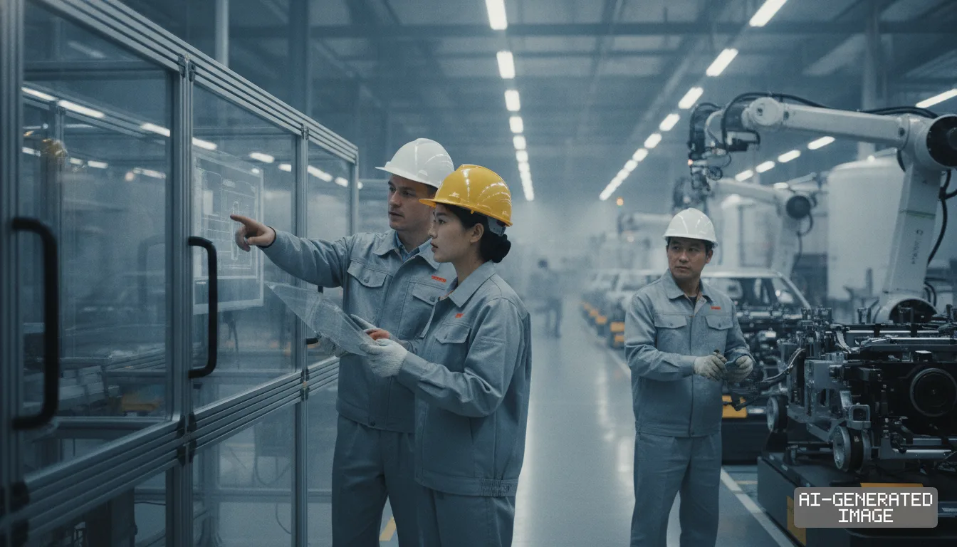 Engineers review production schematics beside an automated automotive assembly line in a manufacturing plant. (AI-generated image)