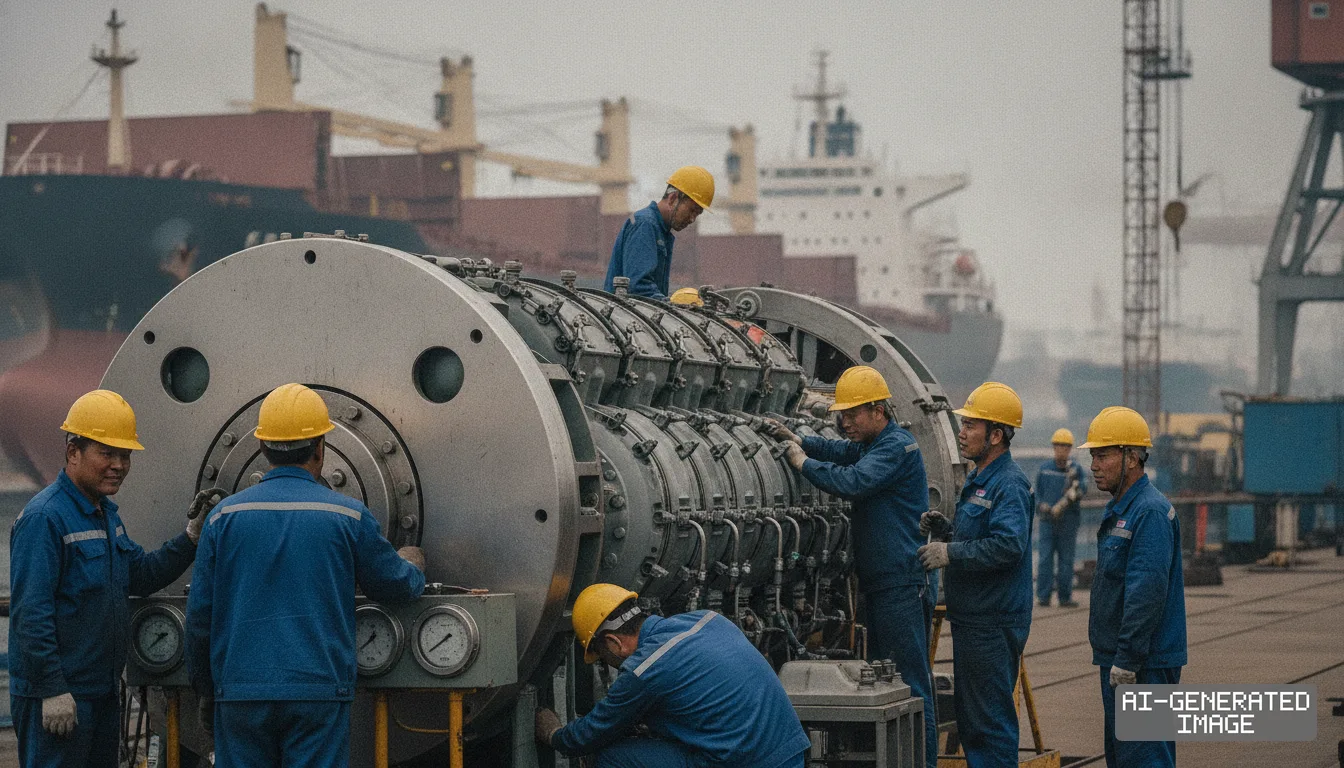 Workers in hard hats examine a large marine engine at a shipyard, with commercial cargo vessels docked in the background. (AI-generated image)