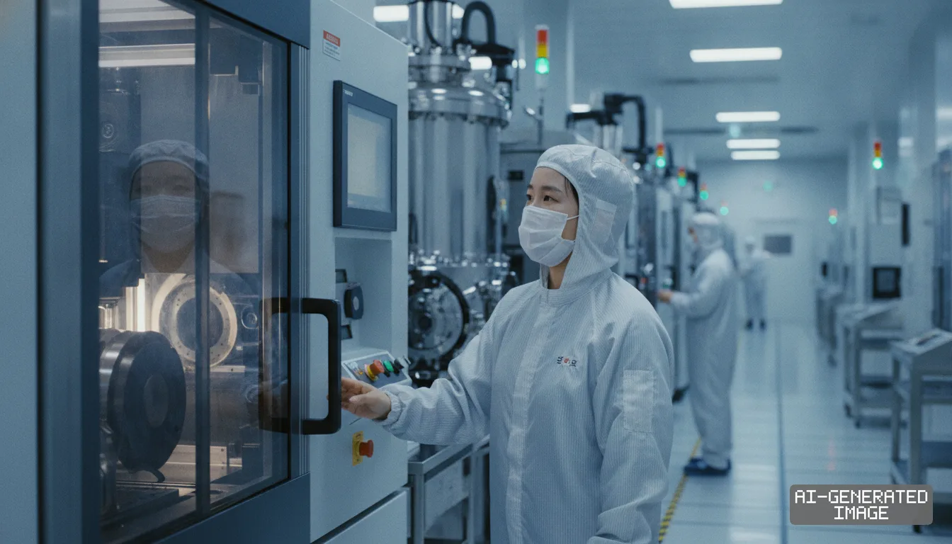 A technician in a protective cleanroom suit operates machinery inside a semiconductor fabrication facility. (AI-generated image)