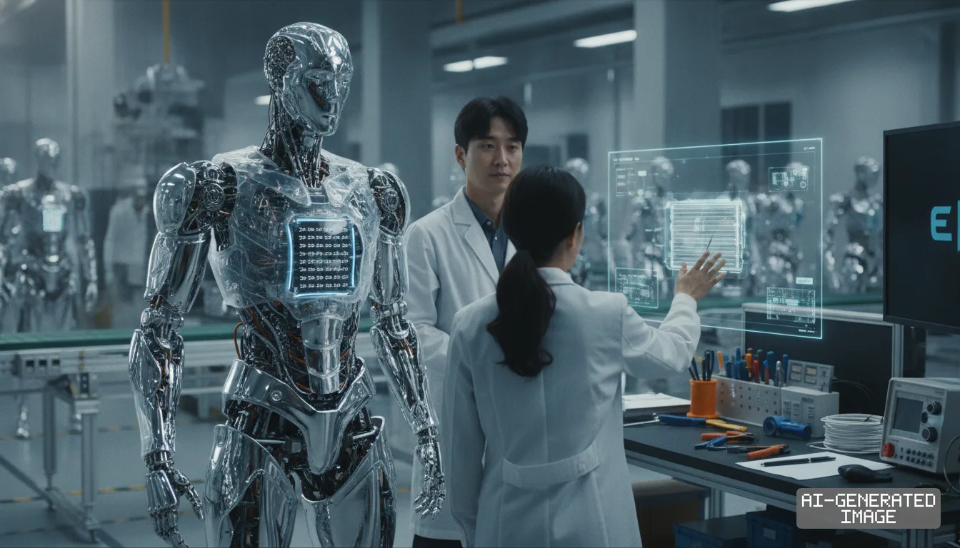 Researchers evaluate data on a transparent display beside a metallic humanoid robot in a high-tech production facility. (AI-generated image)