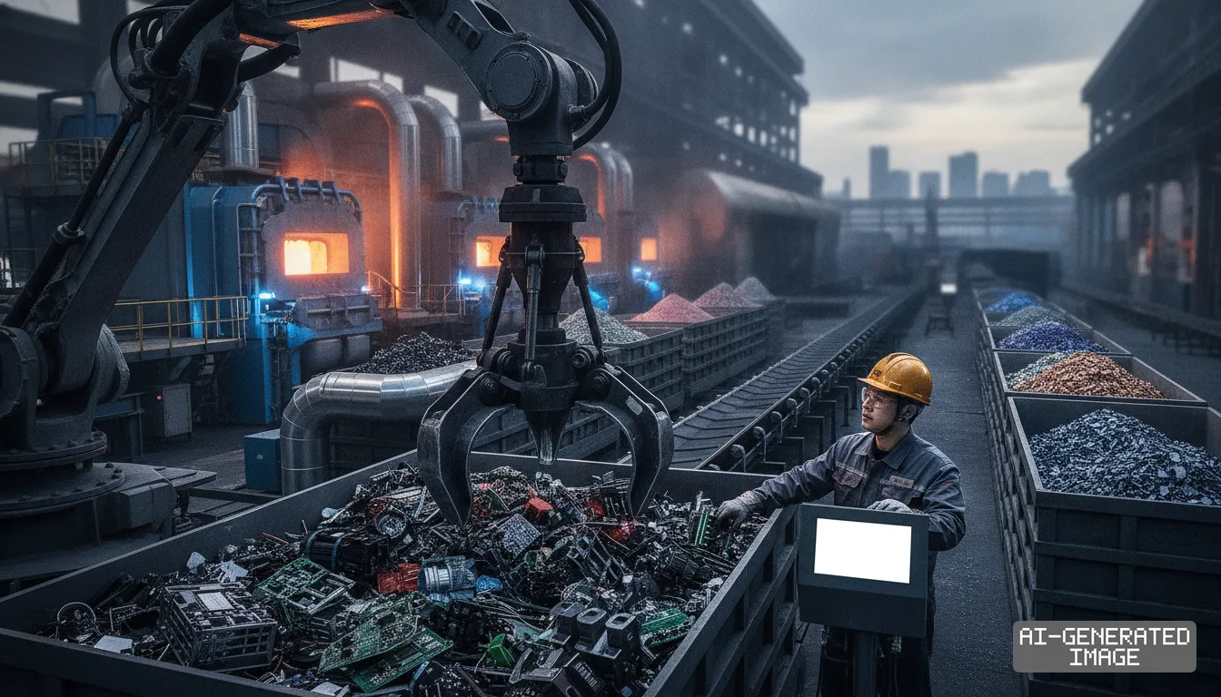 A worker operates a robotic claw to handle electronic scrap near glowing furnaces inside an industrial smelting facility. (AI-generated image)