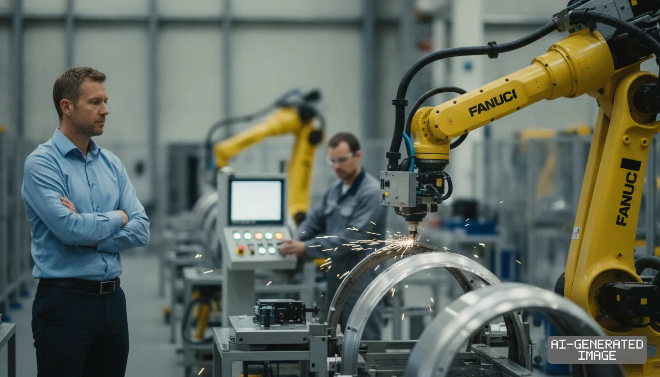 A man watches a yellow industrial robot weld circular metal components inside an automated manufacturing facility. (AI-generated image)